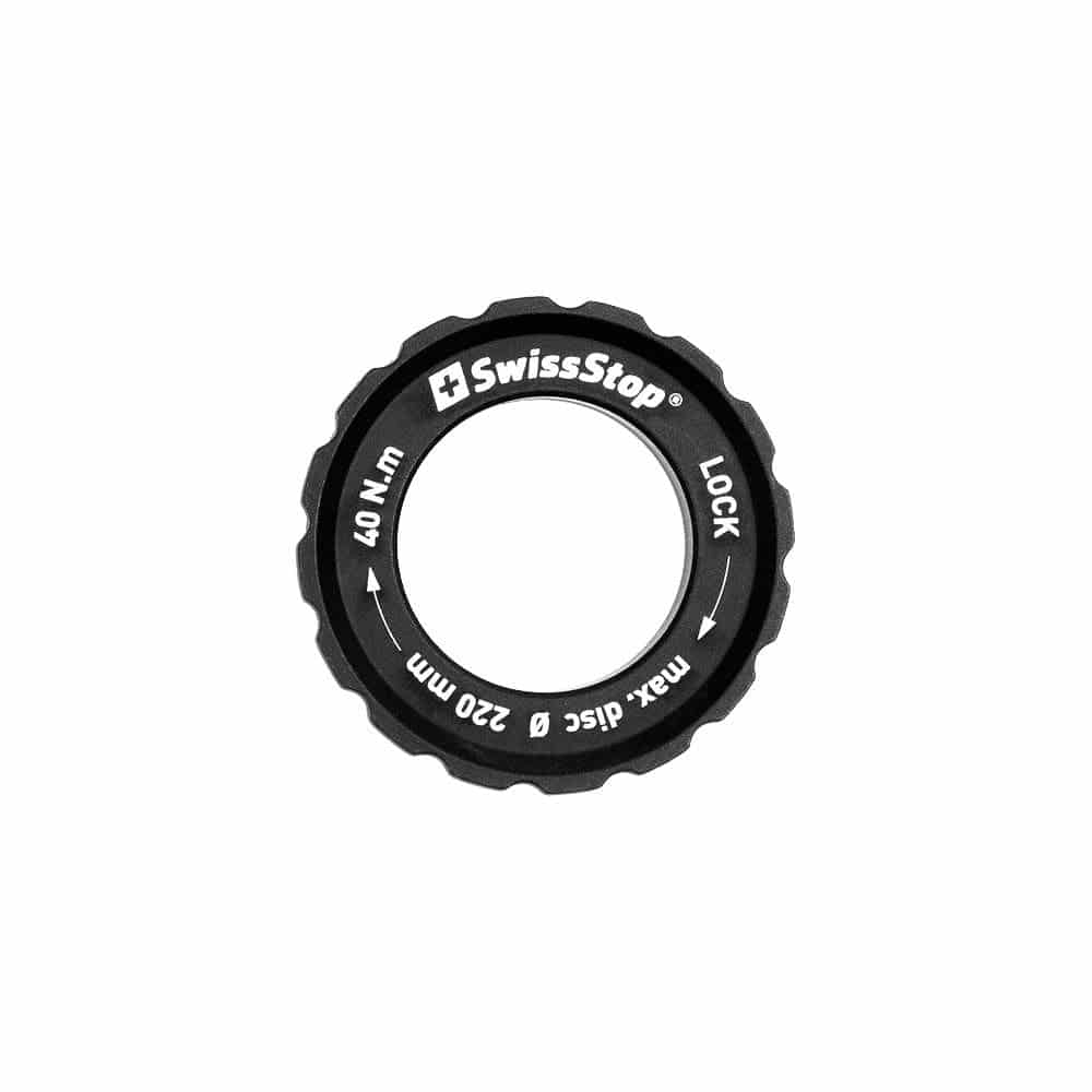 SwissStop Center Lock lockring for 160mm to 220mm rotors on black centerlock hubs, compatible with bicycle disc brake systems.