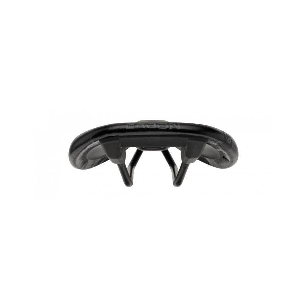 Ergon SM Pro Men mountain bike saddle with ergonomic pressure relief design, showcasing cushioned padding and sleek black finish.