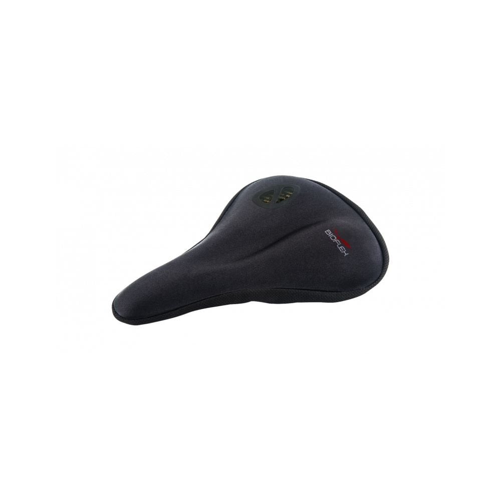 Bioflex OnGel Black Narrow Saddle Cover with non-slip Xpanda stretch fit, designed for bike saddles, features a sleek, padded cover.