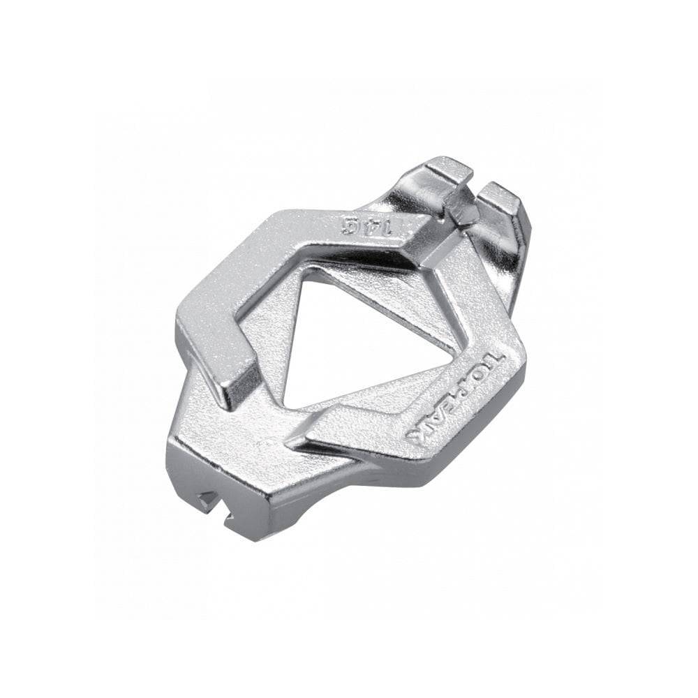 Topeak Duo Spoke Wrench tool for precise bike wheel spoke adjustments, shown in a workshop setting.