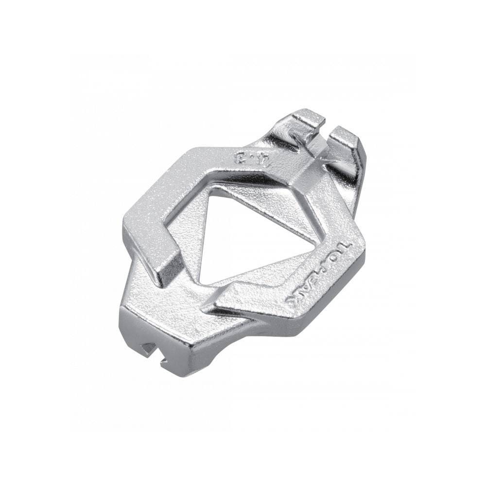 Topeak Duo Spoke Wrench tool for bike wheel spoke adjustments, shown in a workshop setting with ergonomic handle and metal head.
