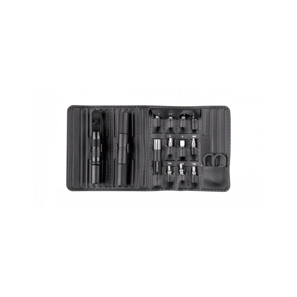 Topeak Ratchet N Roll Elite black compact bike repair tool kit with CO2 inflator, including tools and accessories for bike maintenance