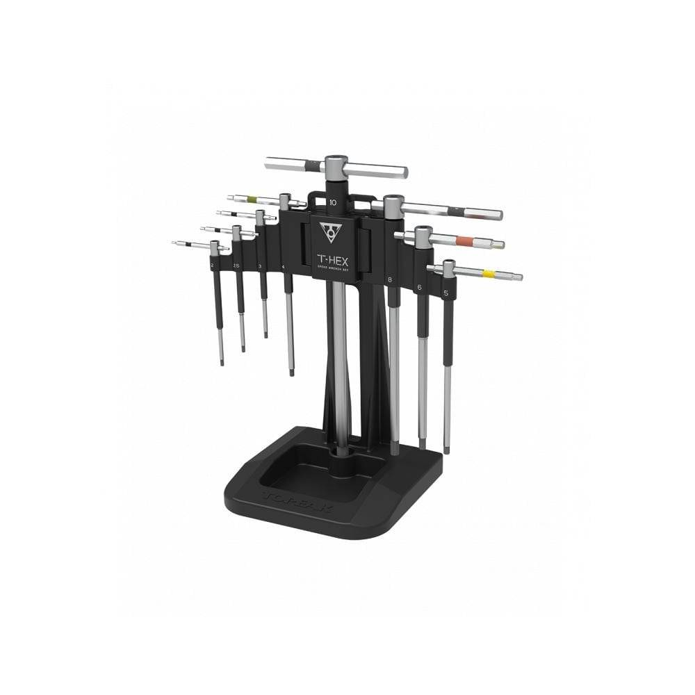 Topeak T-Hex Speed Wrench Set with sliding T-handle and tool holder, black workshop tool for bike maintenance.