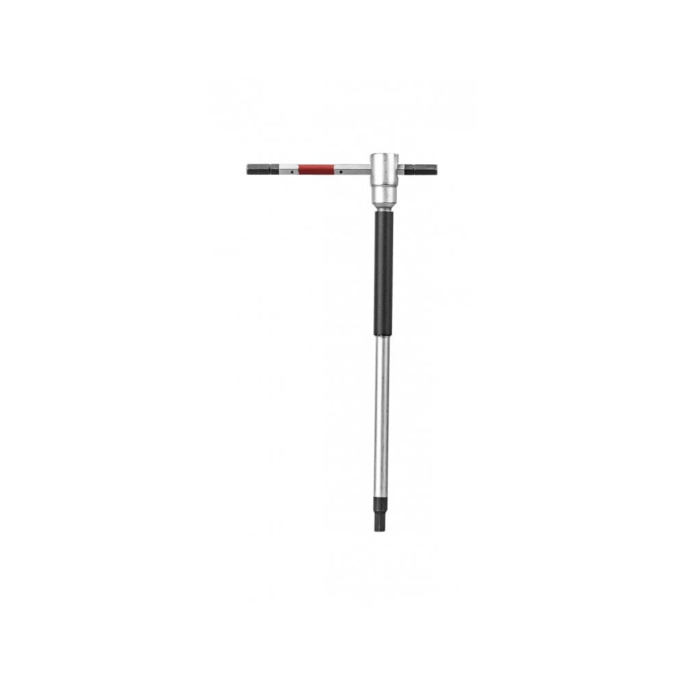 Topeak T-Hex Speed Wrench Set with sliding T-handle and tool holder, black workshop hand tools on a workbench.