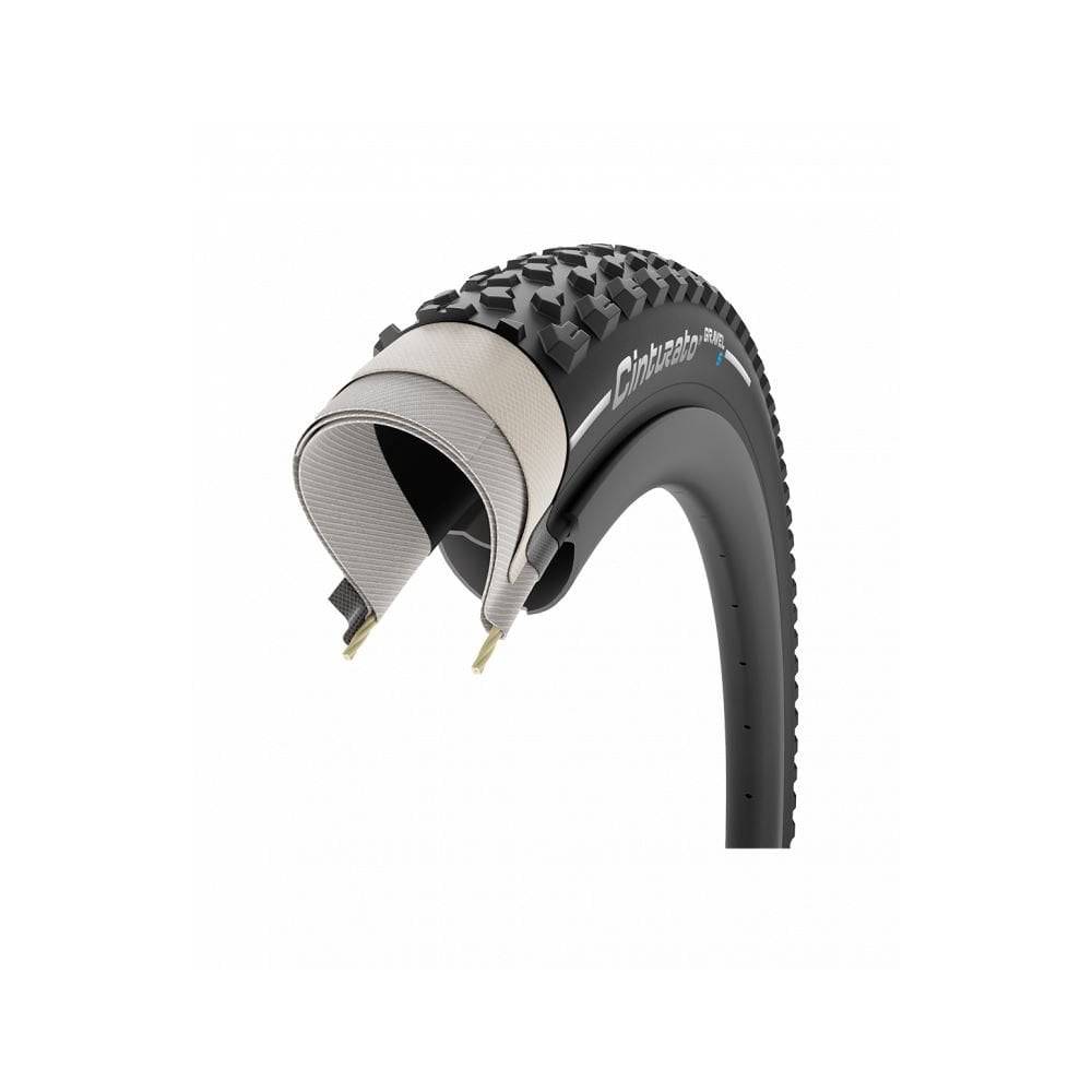 Pirelli Cinturato Gravel S tubeless-ready bike tire with high grip tread for gravel biking on rough terrain.