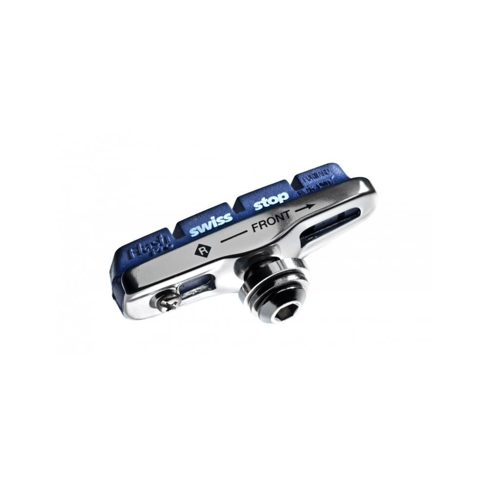 SwissStop Flash Pro full brake pads for Shimano, SRAM, and TRP rim brakes, shown in black with metal backing for cycling components.