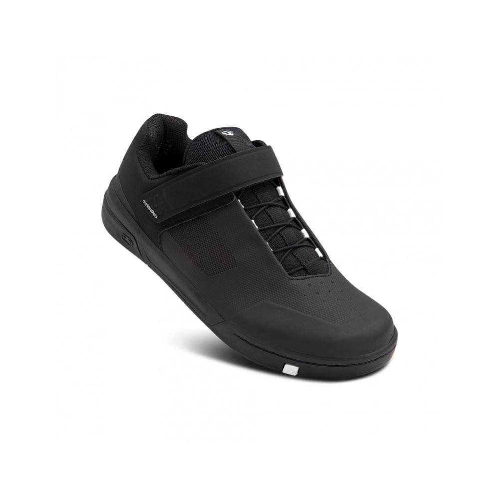 Crank Brothers Stamp Speedlace MTB shoes with flat pedal design, black mountain biking footwear with lace closure, for trail riding.