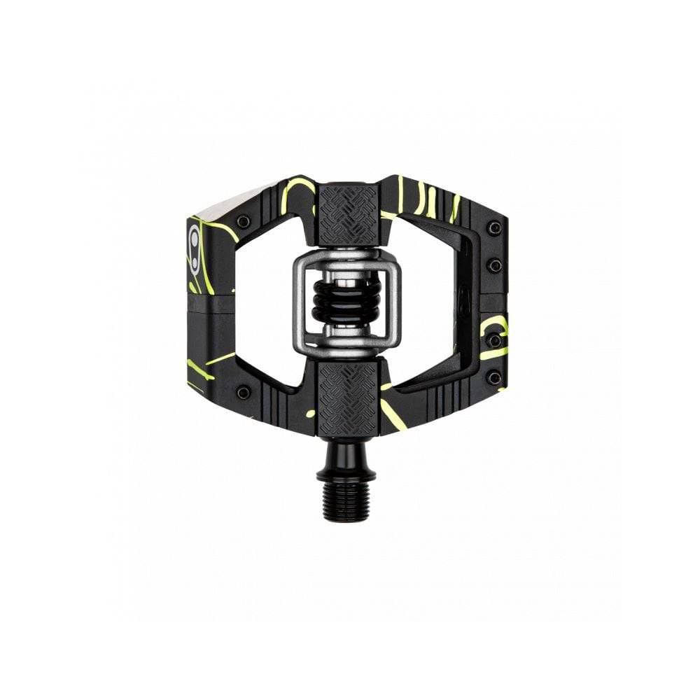 Crankbrothers Mallet E LS clipless enduro pedal with adjustable float and axle options, shown installed on a mountain bike crank.