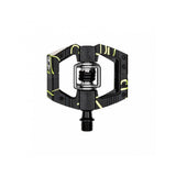 Crankbrothers Mallet E LS clipless enduro pedal with adjustable float and axle options, shown installed on a mountain bike crank.