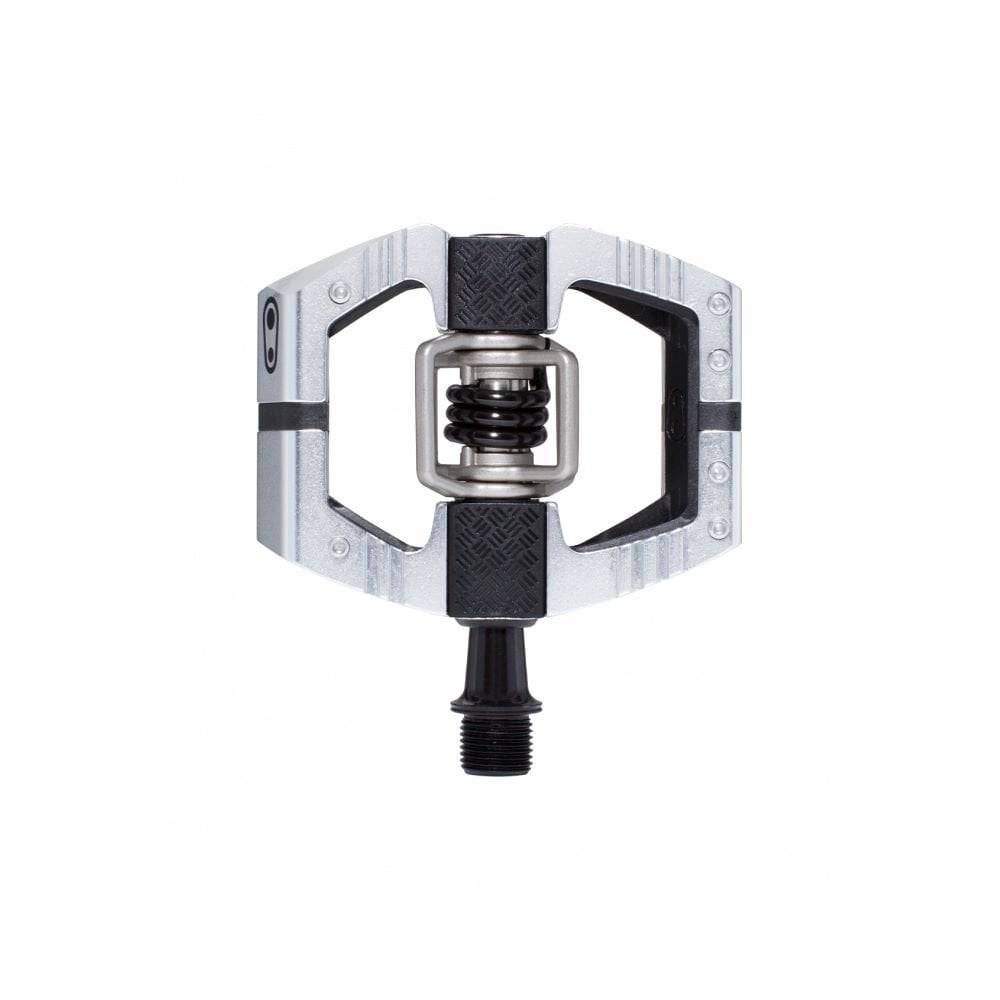 Crankbrothers Mallet E LS clipless enduro pedal with adjustable float and axle options, shown installed on a bike crank arm.