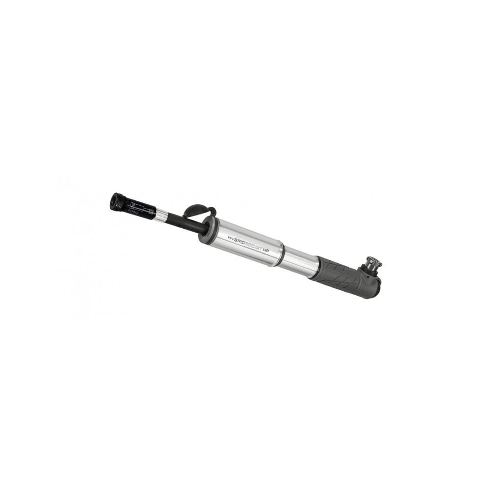Topeak Hybrid Rocket HP hand pump with CO2 cartridge for road bikes, portable bike accessories, black and silver design