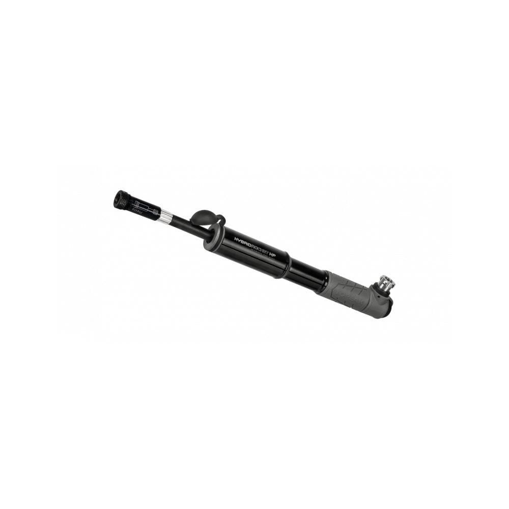 Topeak Hybrid Rocket HP hand pump with CO2 cartridge for road bikes, shown with pump and accessories for cycling maintenance.