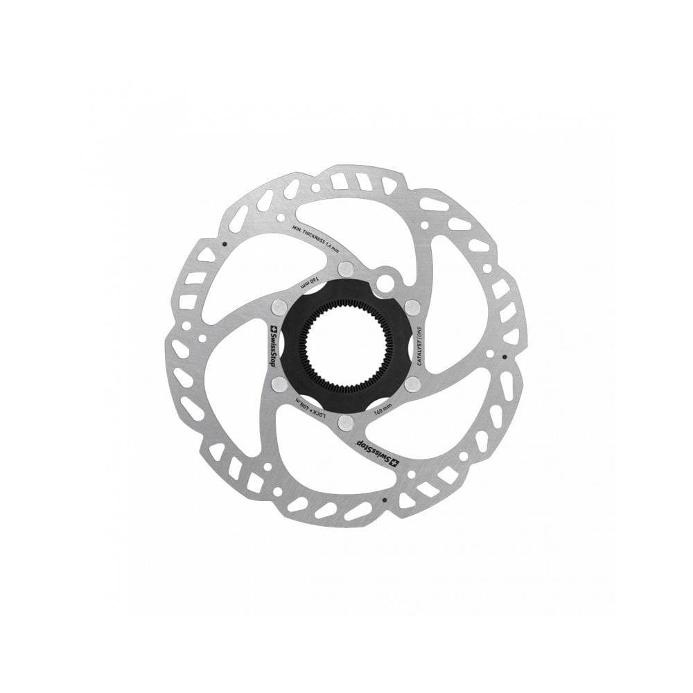 SwissStop Catalyst One Centrelock brake rotor 140mm, UCI approved, for bicycle disc brake components, with detailed metal surface.