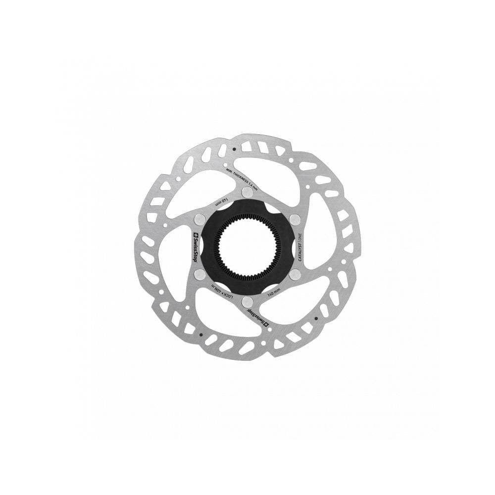 SwissStop Catalyst One Centrelock brake rotor, 140mm, UCI approved, cycling component with detailed metal finish and mounting holes.