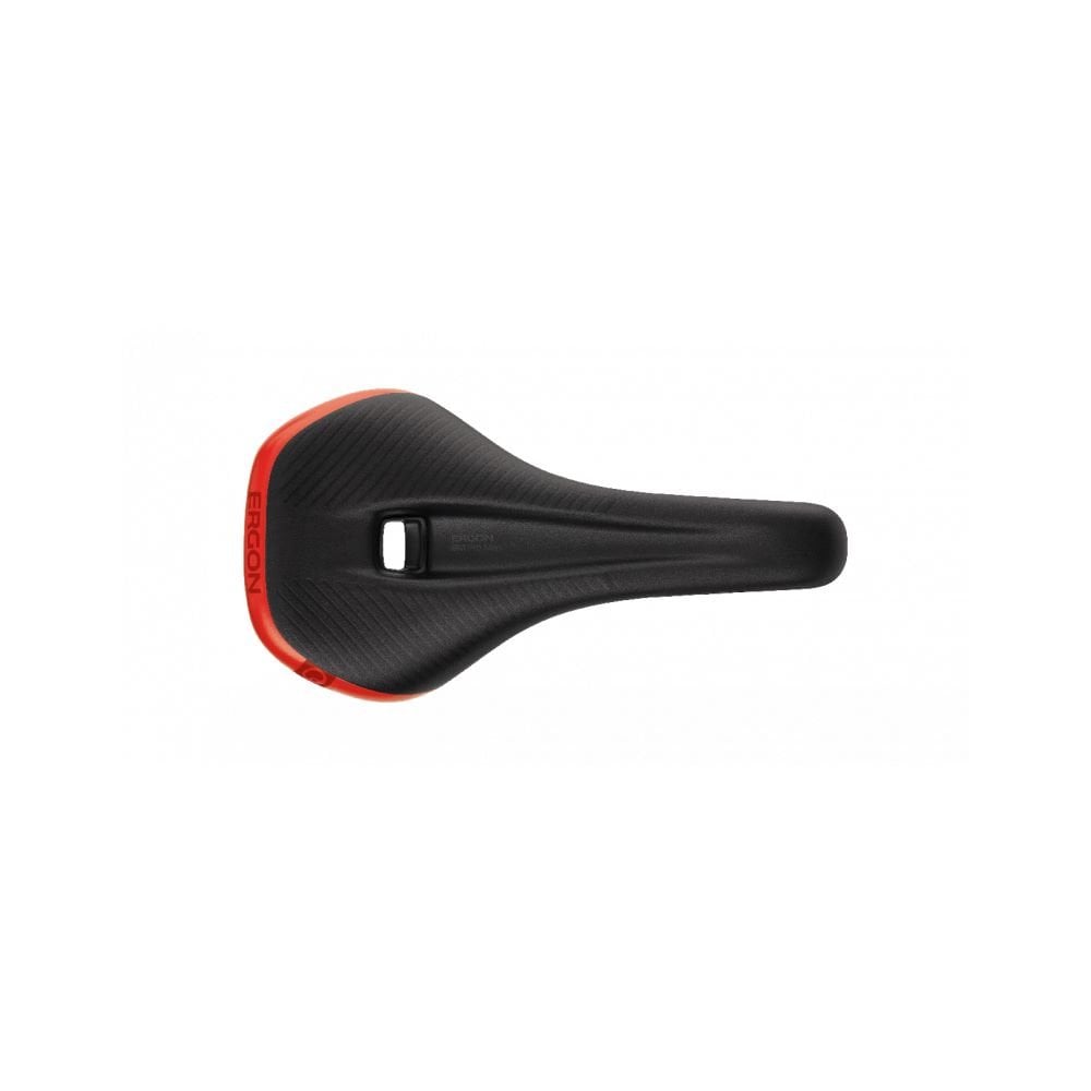 Ergon SM Pro Men mountain bike saddle with ergonomic pressure relief design, showcasing its lightweight, supportive shape and branding