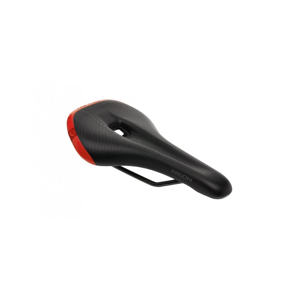 Ergon SM Pro Men mountain bike saddle with ergonomic pressure relief design, lightweight cycling components, close-up view.