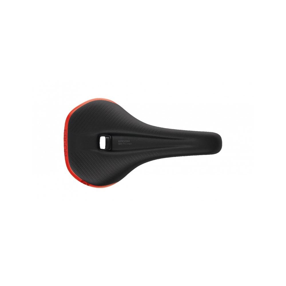 Ergon SM Pro Men mountain bike saddle with ergonomic pressure relief design, featuring a sleek black component for cycling comfort