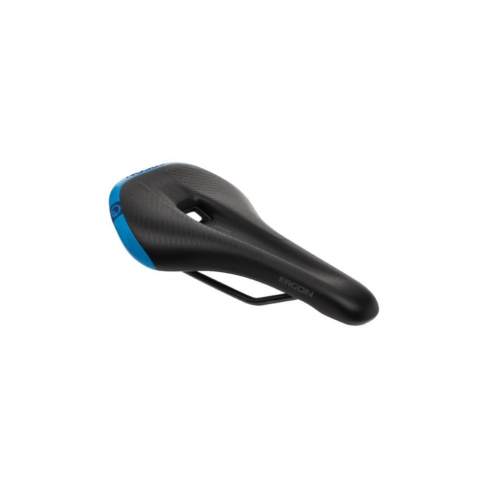 Ergon SM Pro Men mountain bike saddle with ergonomic pressure relief design, highlighting comfort and sleek black finish.