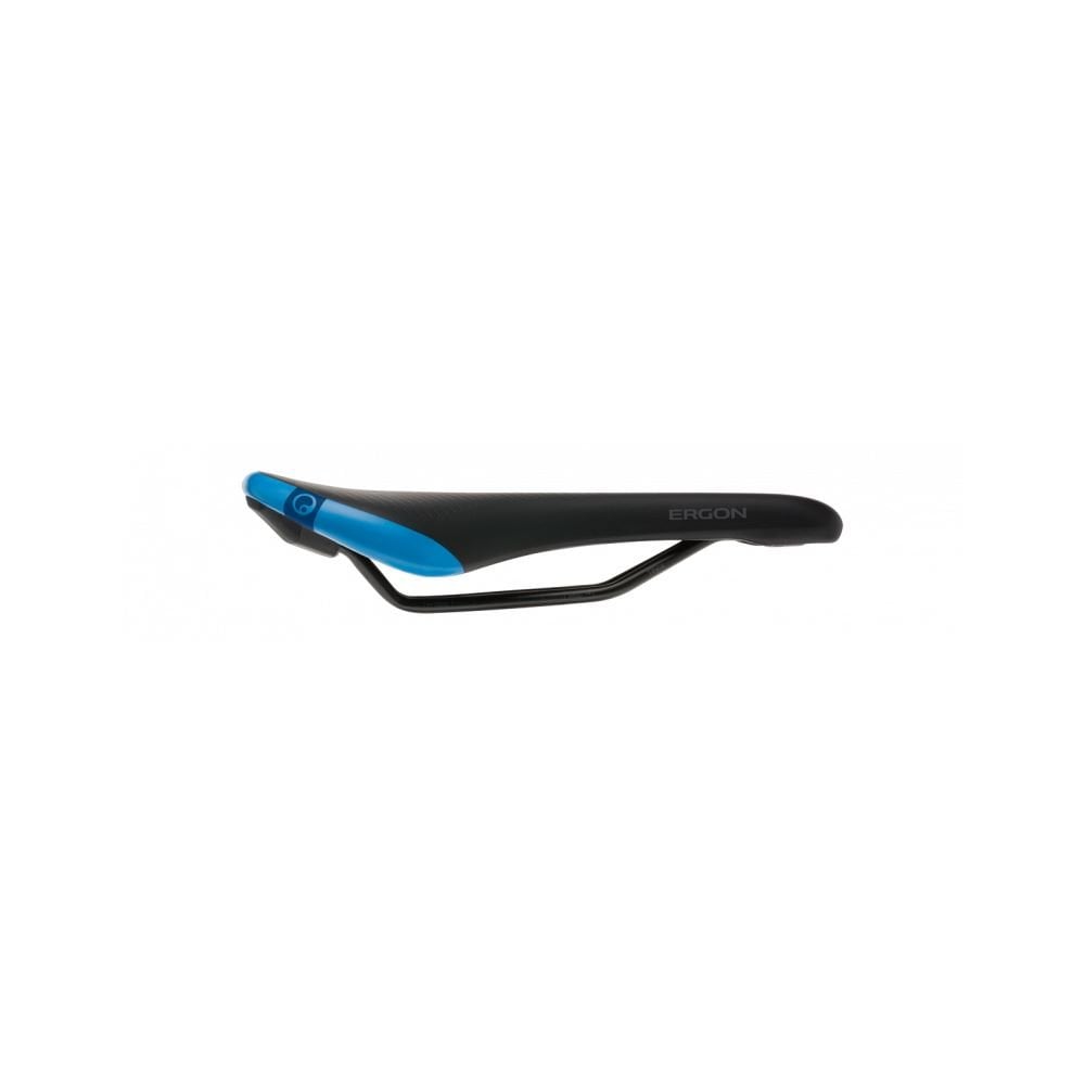 Ergon SM Pro Men mountain bike saddle with ergonomic pressure relief design, highlighting its sleek, ergonomic shape and cushioning.