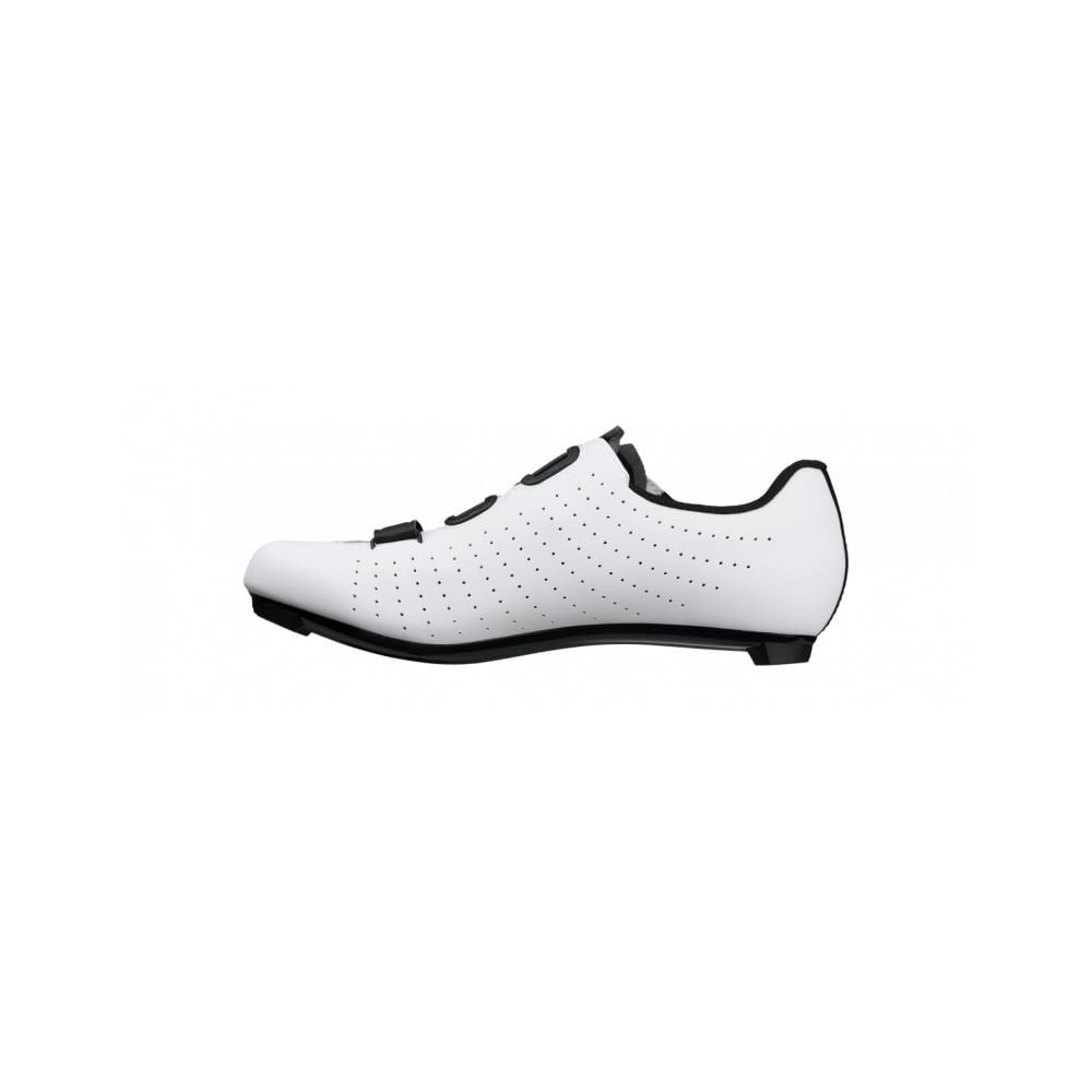 Fizik R5 Tempo Overcurve road cycling shoes with BOA IP1 dial and Velcro strap, black and white, showing the sleek design and closure system.
