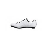Fizik R5 Tempo Overcurve road cycling shoes with BOA IP1 dial and Velcro strap, black and white, showing the sleek design and closure system.