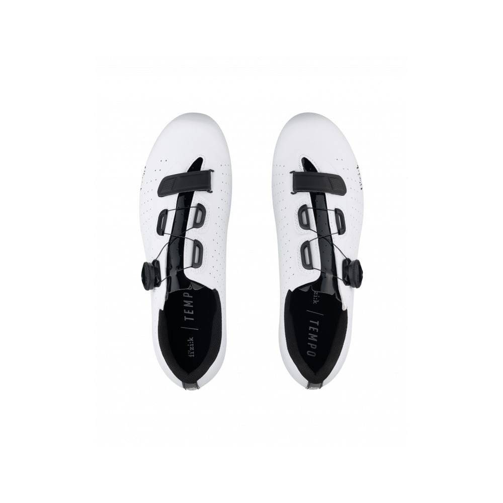 Fizik R5 Tempo Overcurve road cycling shoes with BOA IP1 dial and Velcro strap, featuring a sleek black design and breathable upper.