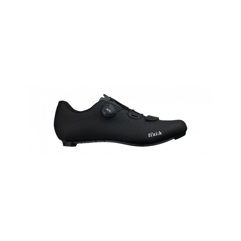 Fizik R5 Tempo Overcurve road cycling shoes with BOA IP1 dial and Velcro strap, showing sleek black design and secure fit.