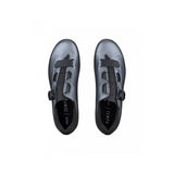 Fizik R5 Tempo road cycling shoes with BOA IP1 dial and Velcro strap, black and white, close-up of shoe upper and fastening system