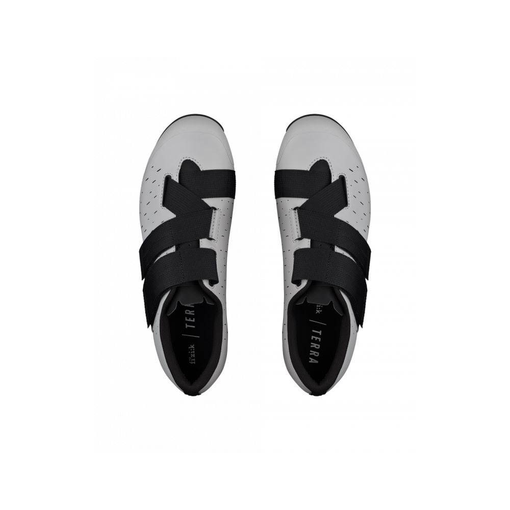 Fizik X4 Terra MTB shoes for gravel and mixed-terrain cycling, showing black and gray cycling footwear with Powerstrap closure system.