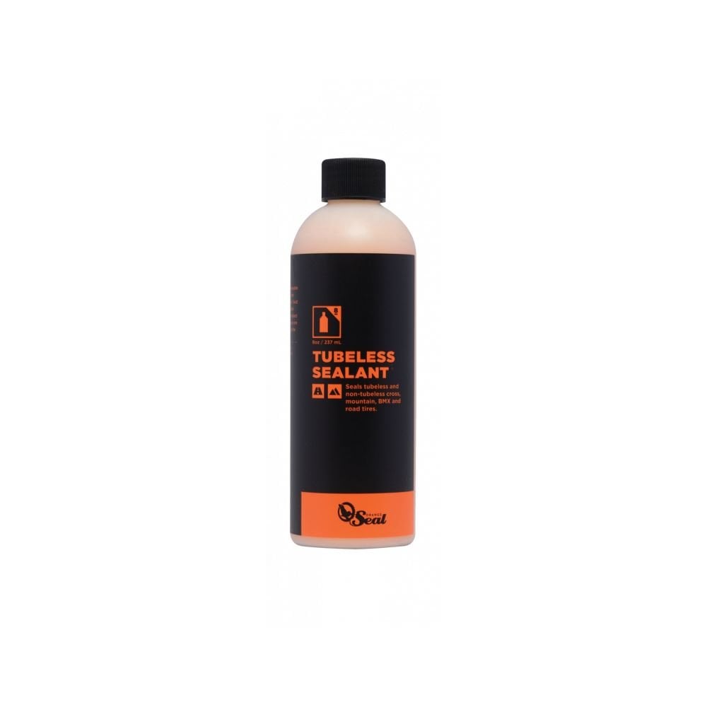 Orange Seal tubeless sealant refill for puncture protection in bike tires, designed for tubeless bicycle wheel setups.