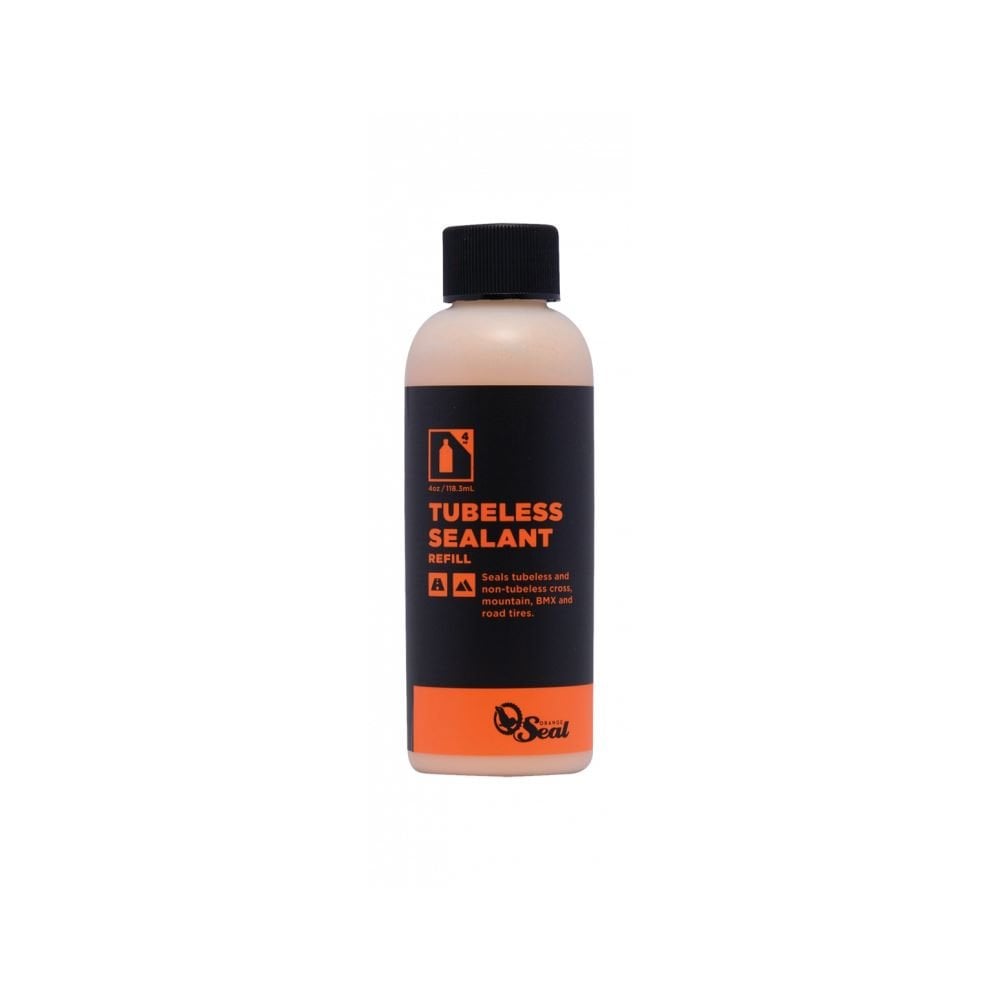 Orange Seal tubeless sealant refill for bike tires, designed to prevent punctures and enhance puncture protection.