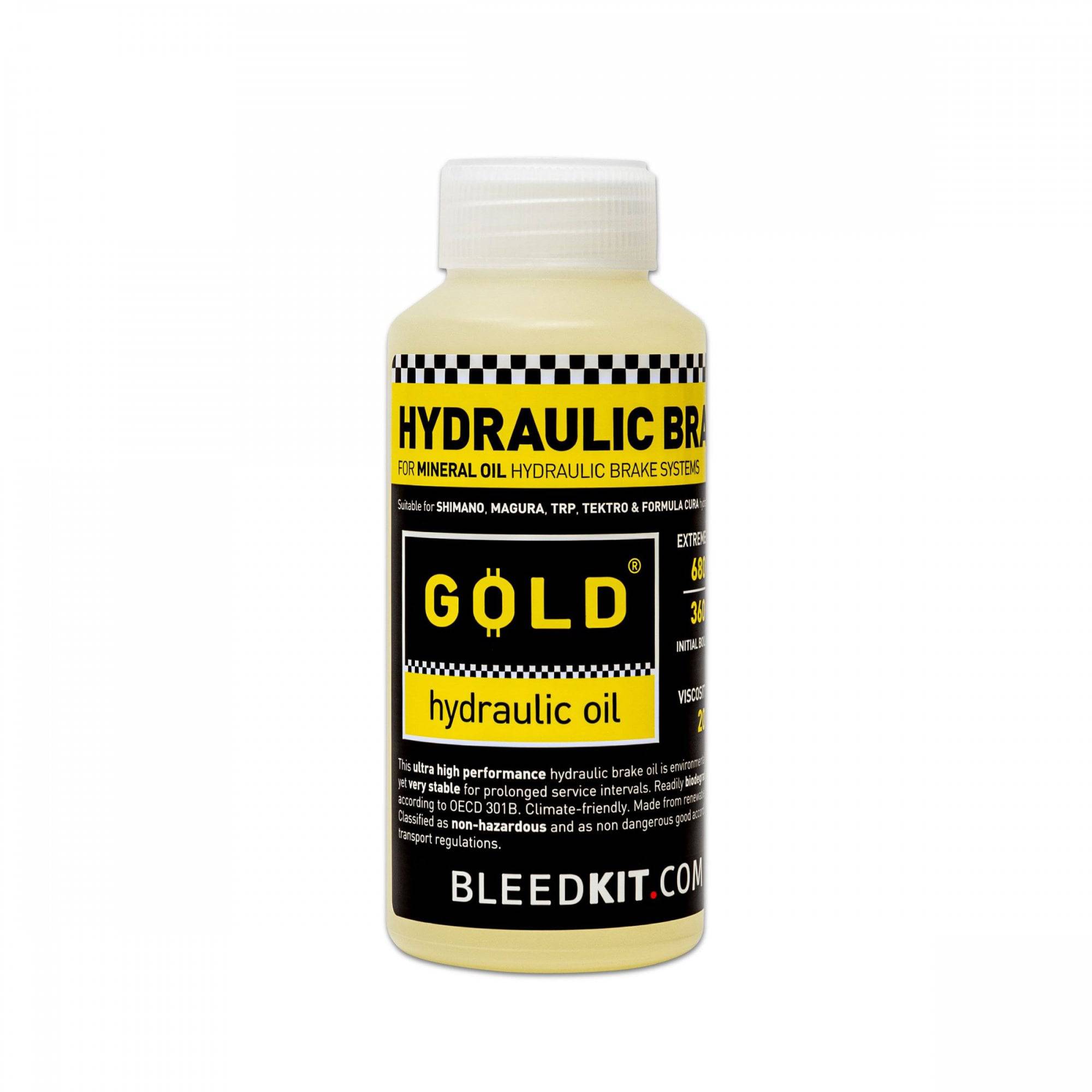 Bleedkit Fluid Gold Mineral Oil hydraulic brake fluid bottle, 100ml, biodegradable component for vehicle brake systems.