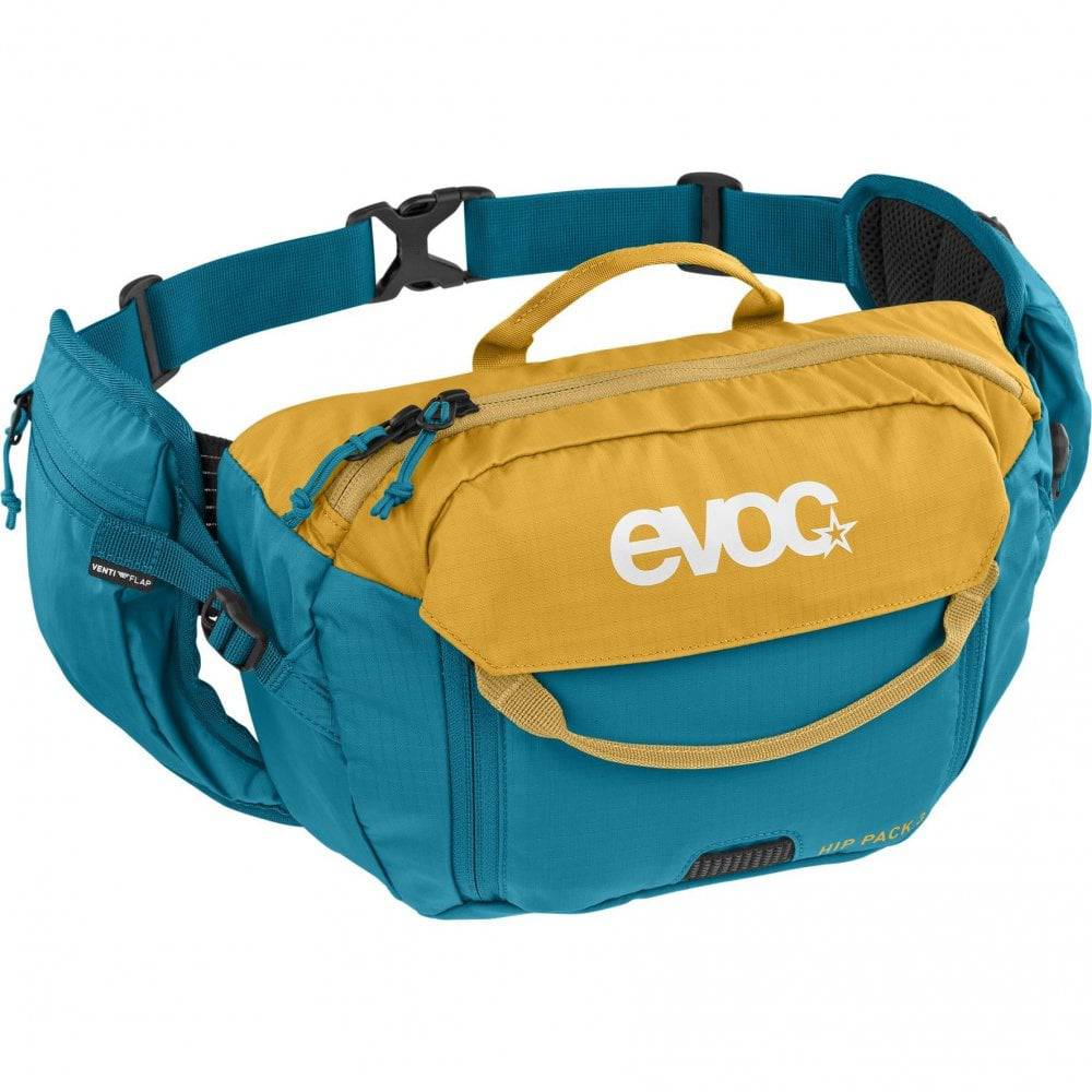 EVOC Hip Pack Hydration Bag 3L with 1.5L bladder, ventilated cycling accessories for outdoor hydration and gear storage.