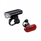 Cateye EL-160 front bike light and Omni 5 rear bike light set, waterproof with 360° visibility, for cycling safety.