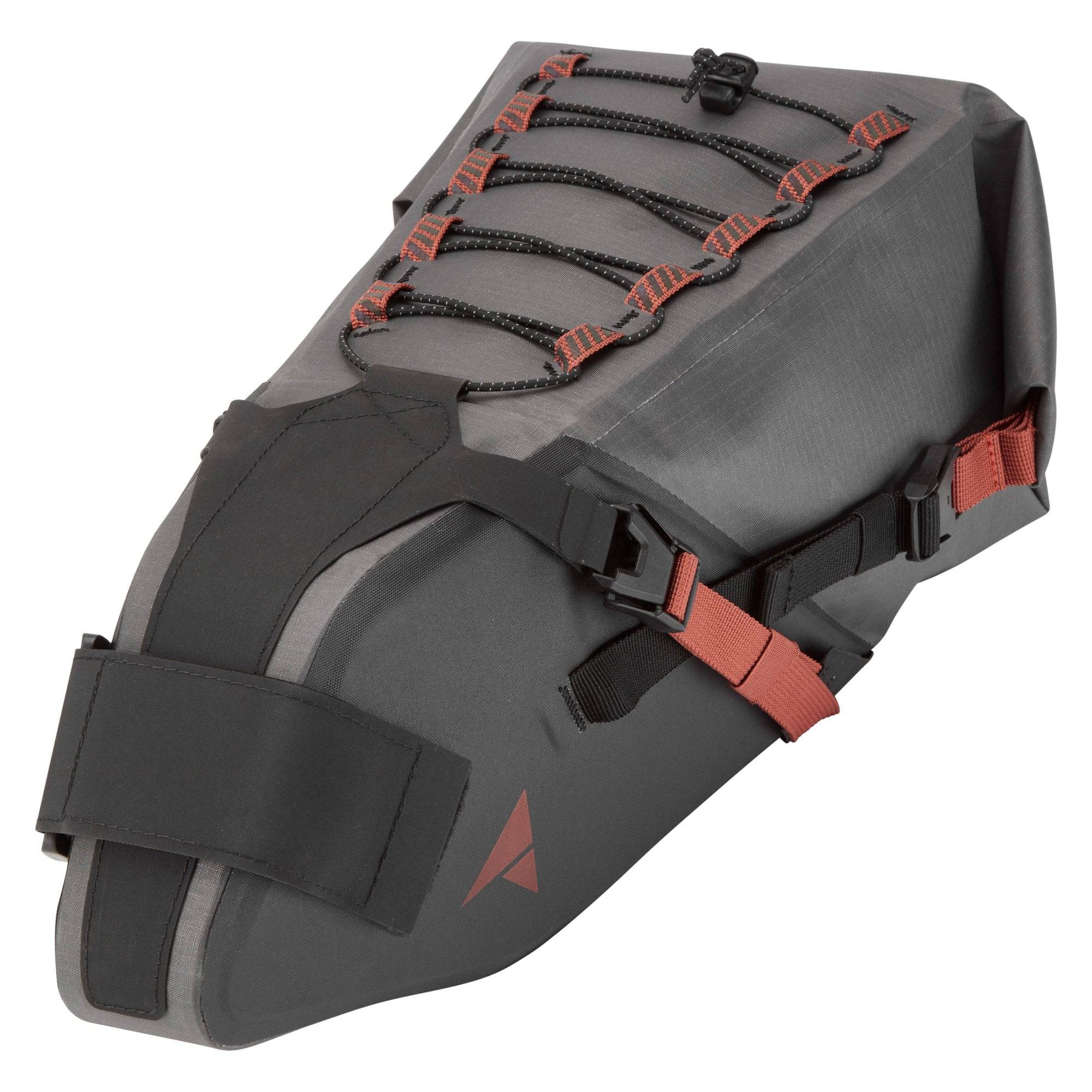 Altura Vortex 12L waterproof cycling seatpack in grey with reflective details, designed for bike accessories storage.