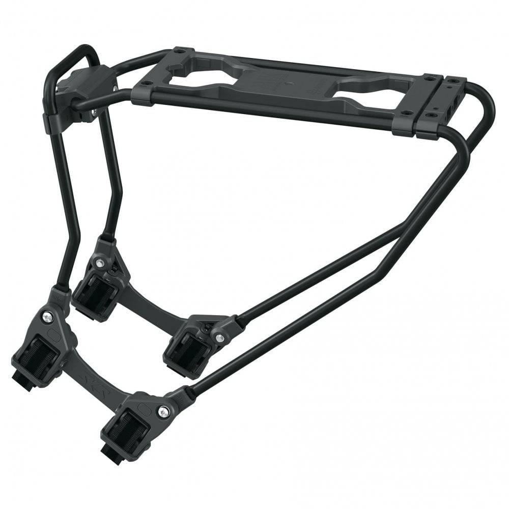 SKS Infinity universal bike rack with adjustable mounting and MIK adapter system, shown attached to a bicycle.