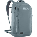 EVOC Commute 22L hydration backpack with laptop compartment, reflective safety features, black water-resistant fabric, and adjustable straps.