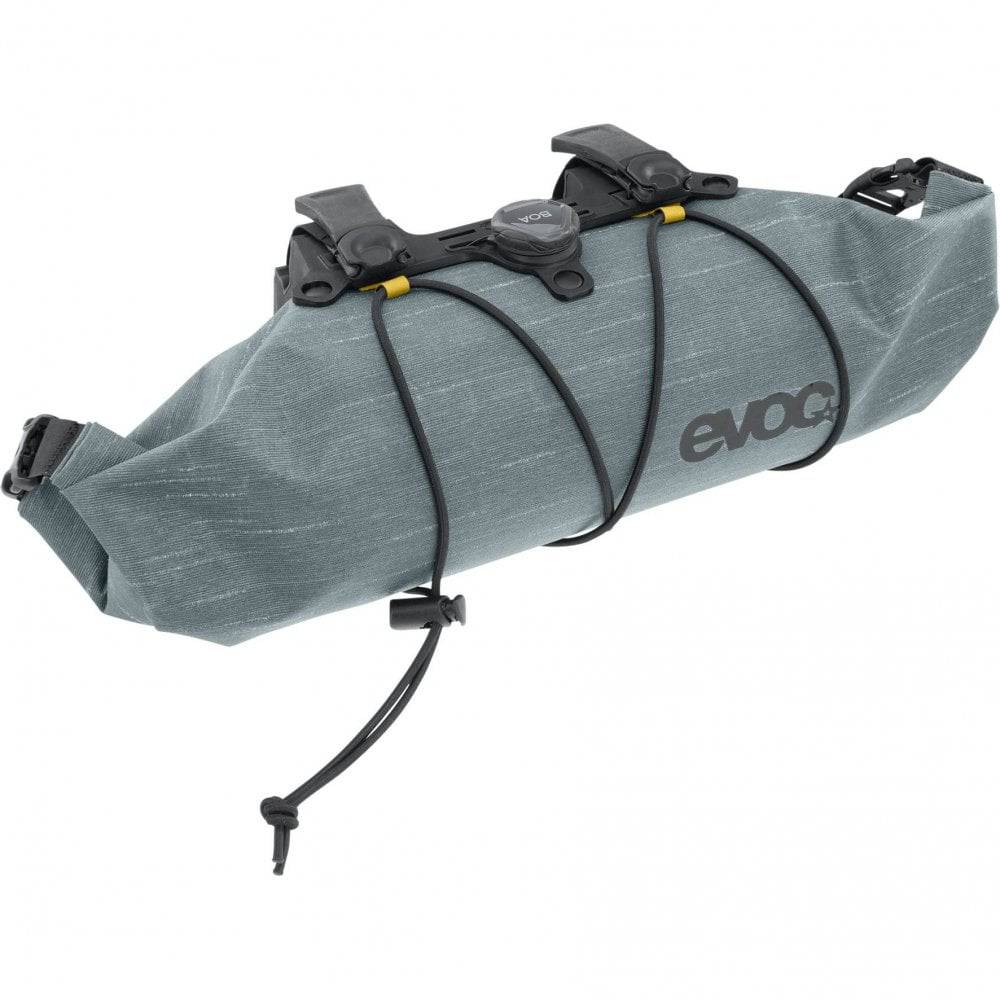EVOC Handlebar Pack Boa WP 2.5L waterproof bike pannier bag with BOA fit system mounted on bike handlebar.