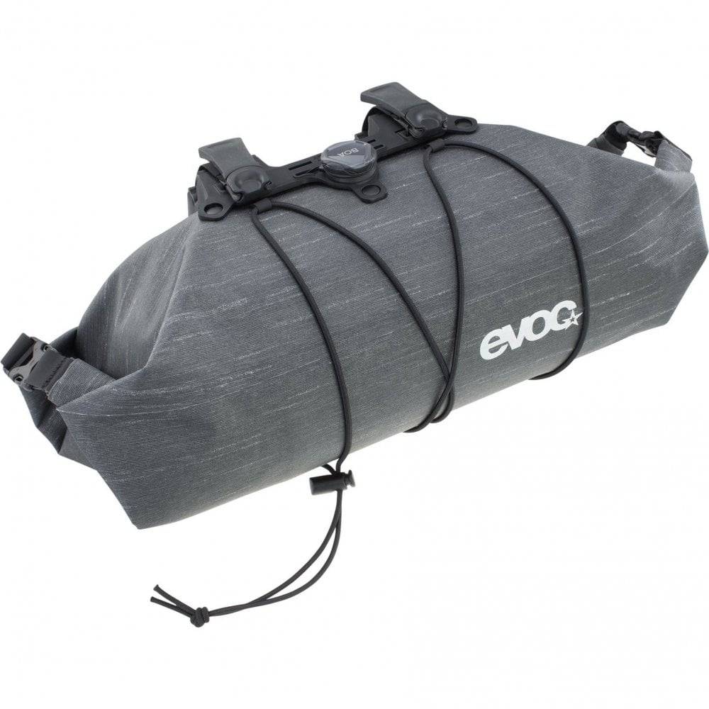 EVOC Handlebar Pack BOA WP 5L waterproof bike pannier attached to a bike handlebar with secure fit system.