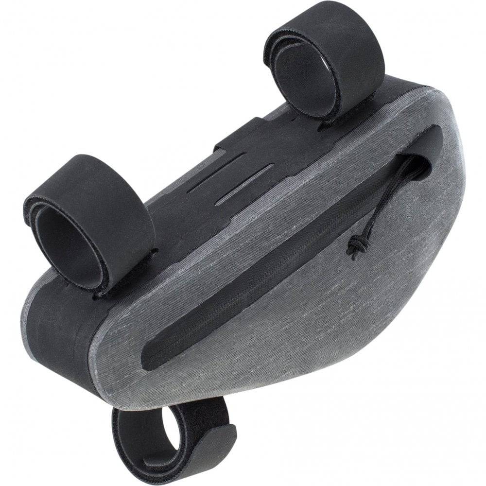 EVOC waterproof bike frame bag with multi-frame design, 0.8L capacity for cycling accessories, shown attached to bike frame.