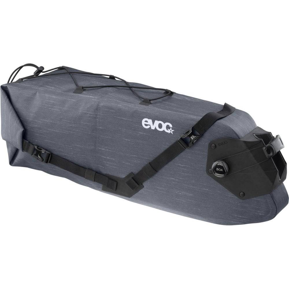 EVOC waterproof saddle bag with Boa closure, 12L capacity, attached to a road bike, designed for gravel and MTB cycling accessories.