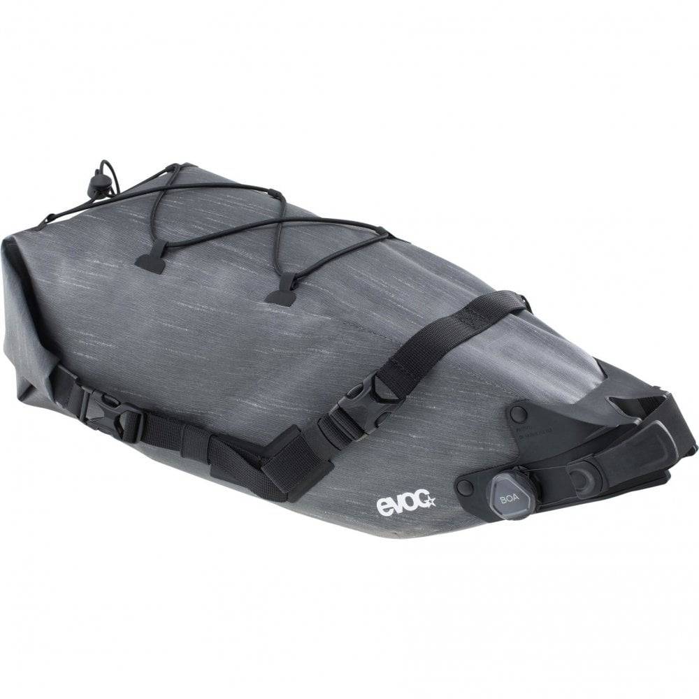 EVOC waterproof bike saddle bag with BOA fit system, 8L capacity, designed for secure and weather-resistant cycling accessories.