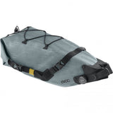 EVOC waterproof bike saddle bag with BOA fit system, 8L capacity, designed for cycling accessories and gear storage.