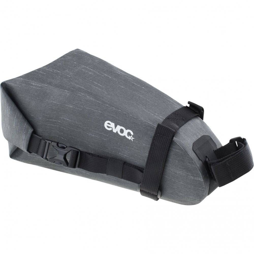 EVOC waterproof bike saddle bag with velcro straps, compact 2L storage for cycling accessories on a bike seat.