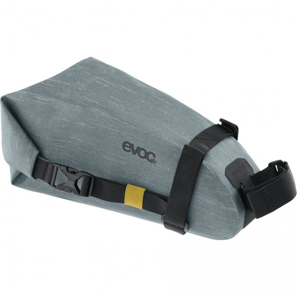 EVOC waterproof bike saddle bag with Velcro straps, compact 2L capacity, designed for secure storage on bike seats.