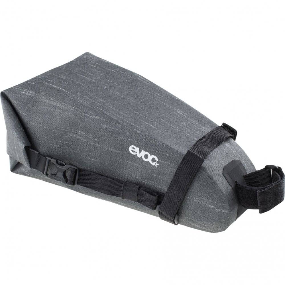 EVOC waterproof saddle bag for bike storage and touring, compact 4L seat pack with waterproof material and secure straps.