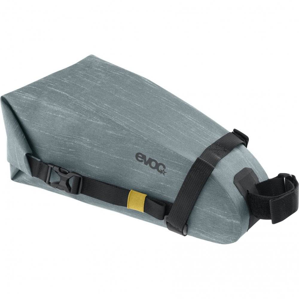 EVOC waterproof saddle bag for bike storage and touring, compact 4L bike accessories with secure strap attachment.