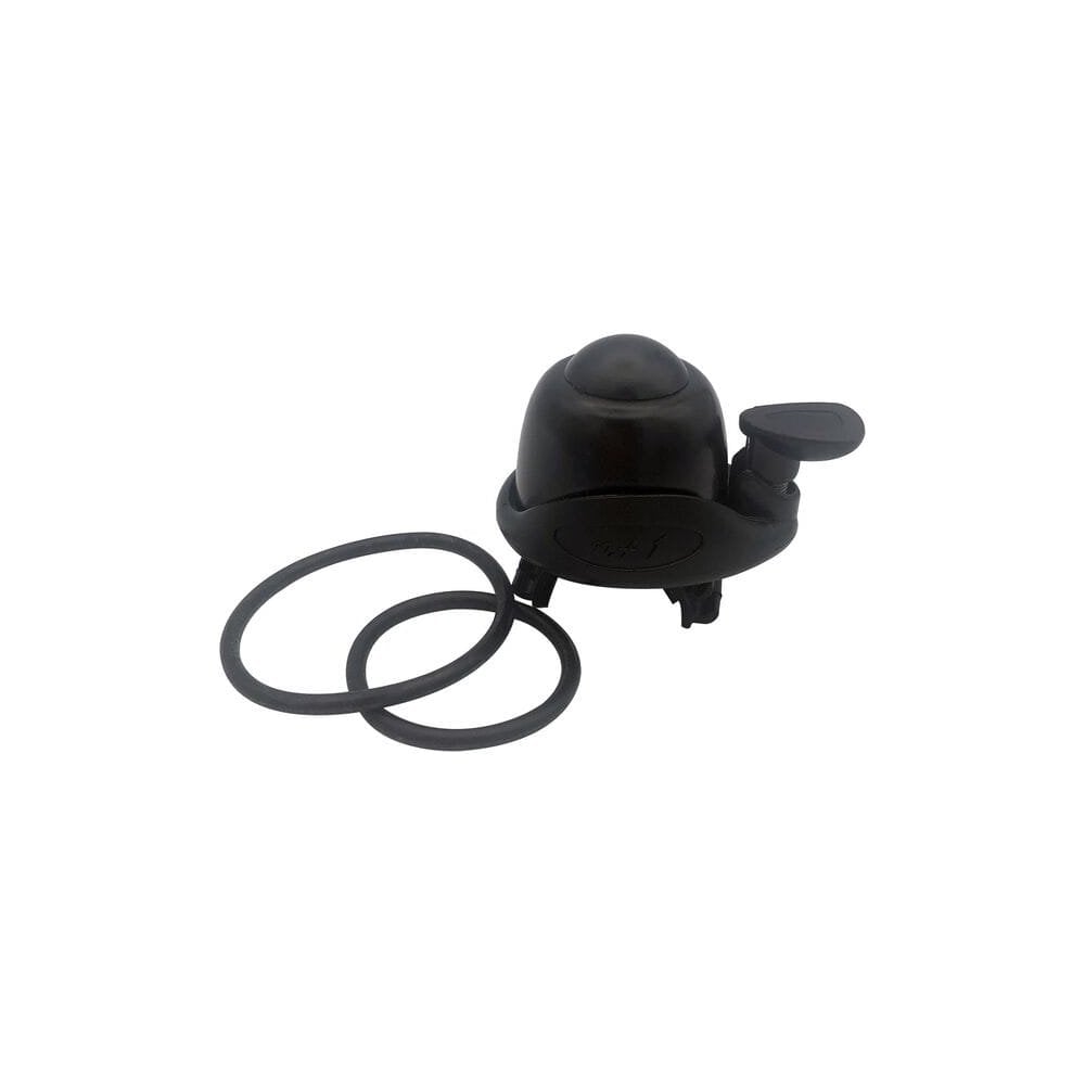 M Part black bike bell with straps, tool-free mount for handlebars up to 31.8mm, bicycle accessories for easy installation.