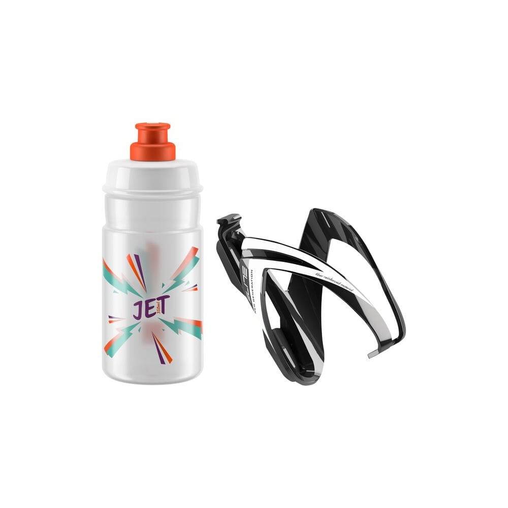Elite CEO Jet Youth Bike Bottle Kit with resin cage, 66mm diameter, 350ml orange water bottle accessory for cycling.