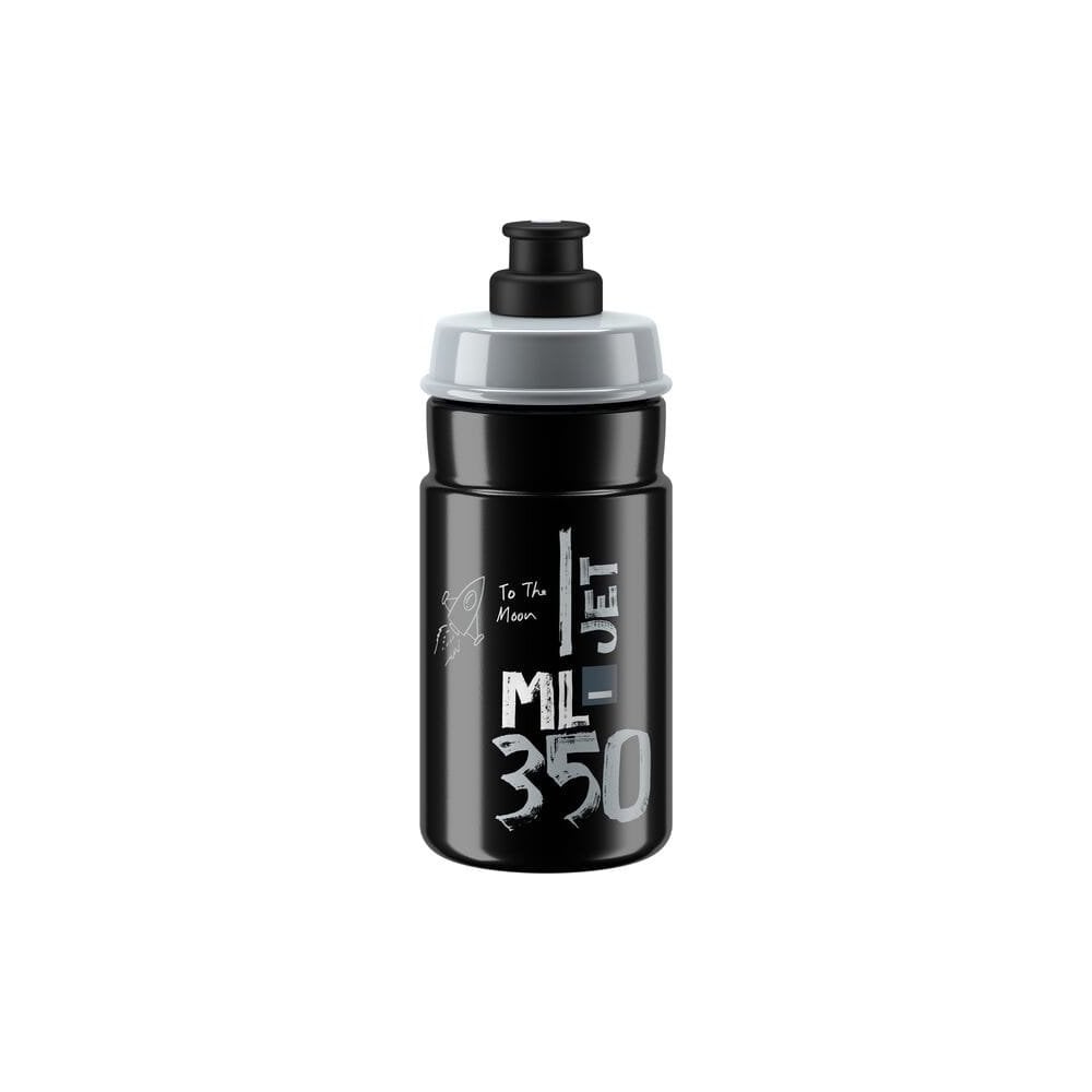 Black Elite Jet 66 mm youth bike bottle, 350 ml BPA-free and dishwasher safe, shown with cap and sleek design.